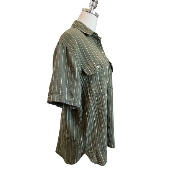 Madewell Lightspun Stripe Button Up Shirt | Coastal Boho Summer Top (M) - Picture 9 of 10